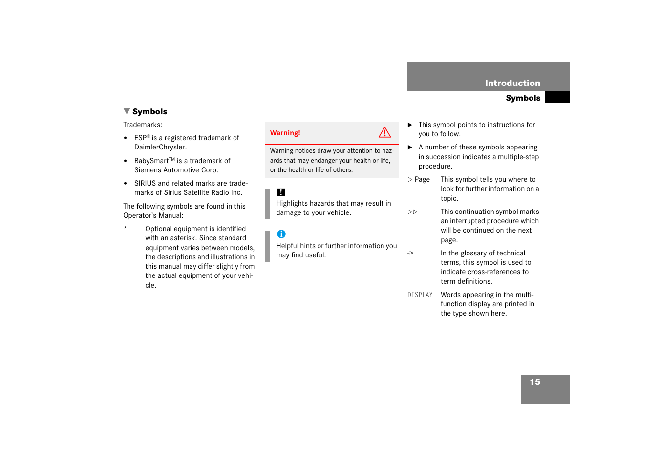 Symbols | Mercedes-Benz CLS-Class 2006 Owners Manual User Manual | Page 16 / 498