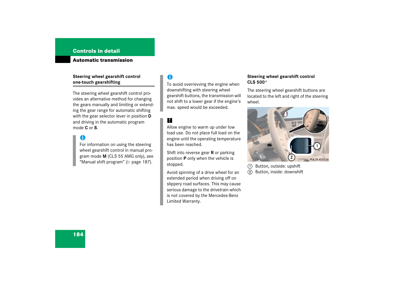 Steering wheel gearshift control | Mercedes-Benz CLS-Class 2006 Owners Manual User Manual | Page 185 / 498