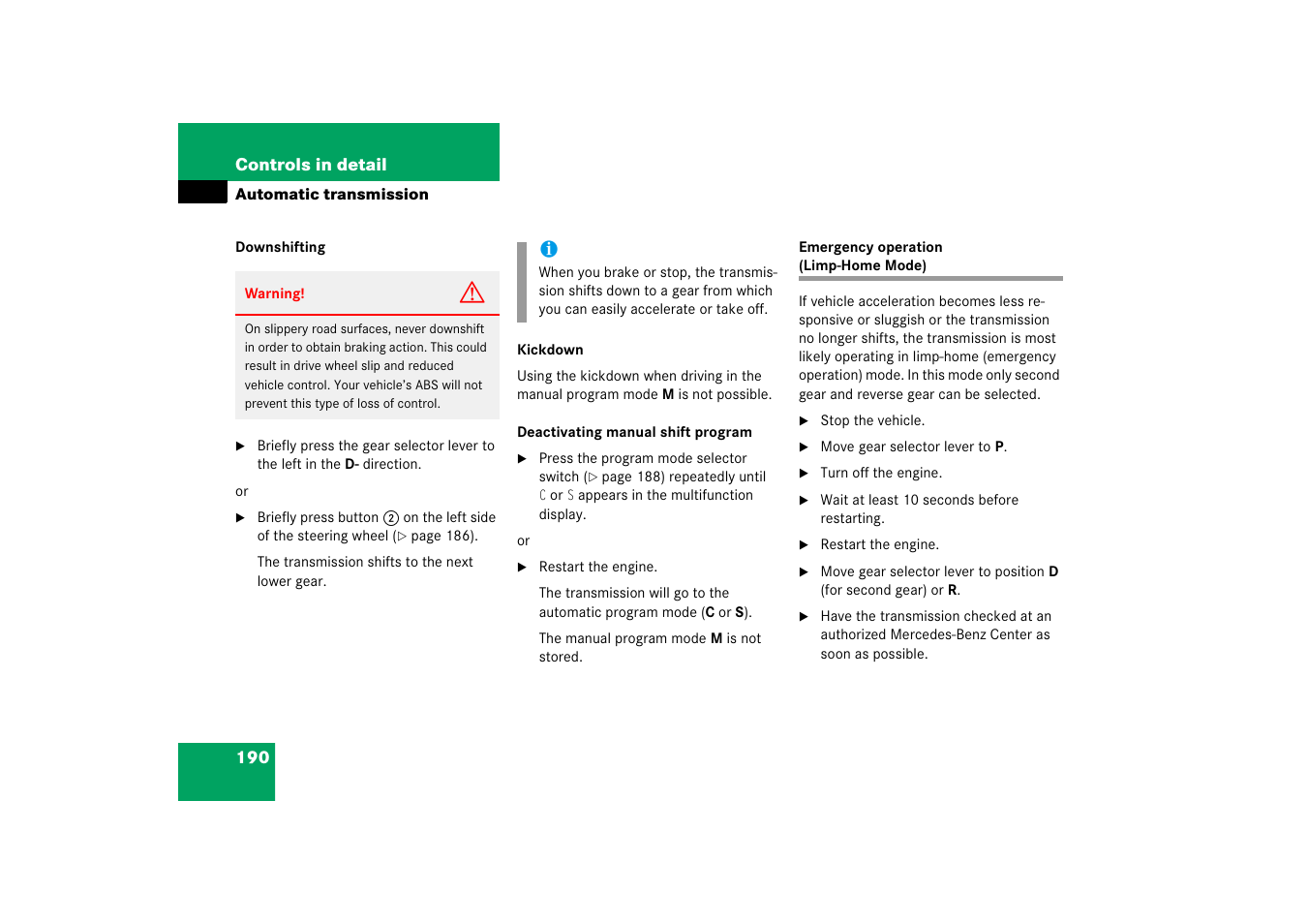 Automatic transmission:gear shifting malfunctions, Emergency operation (limp-home mode) | Mercedes-Benz CLS-Class 2006 Owners Manual User Manual | Page 191 / 498