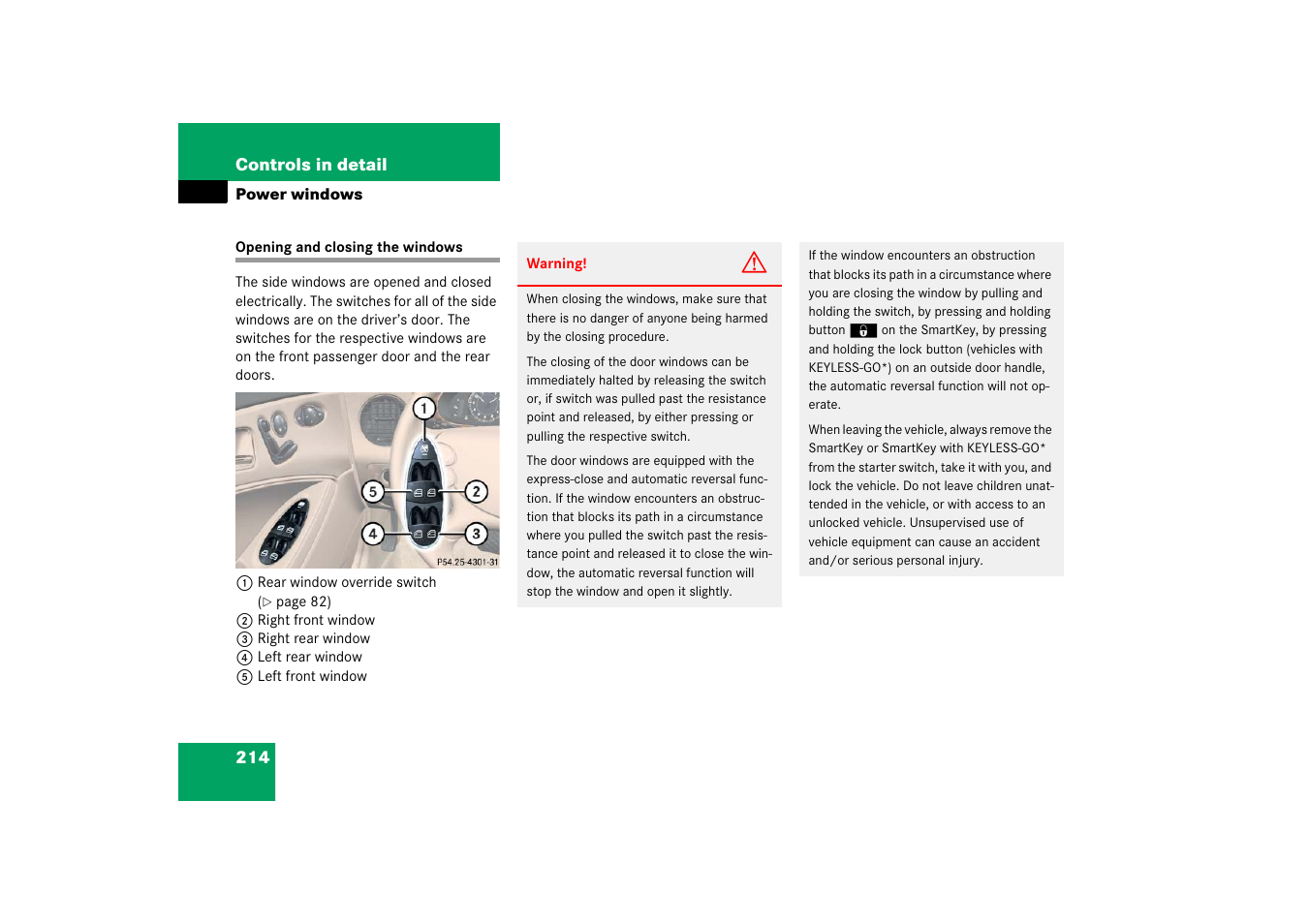 Power windows, Power windows:operating, Opening and closing the windows 214 | Windows, Ndows | Mercedes-Benz CLS-Class 2006 Owners Manual User Manual | Page 215 / 498