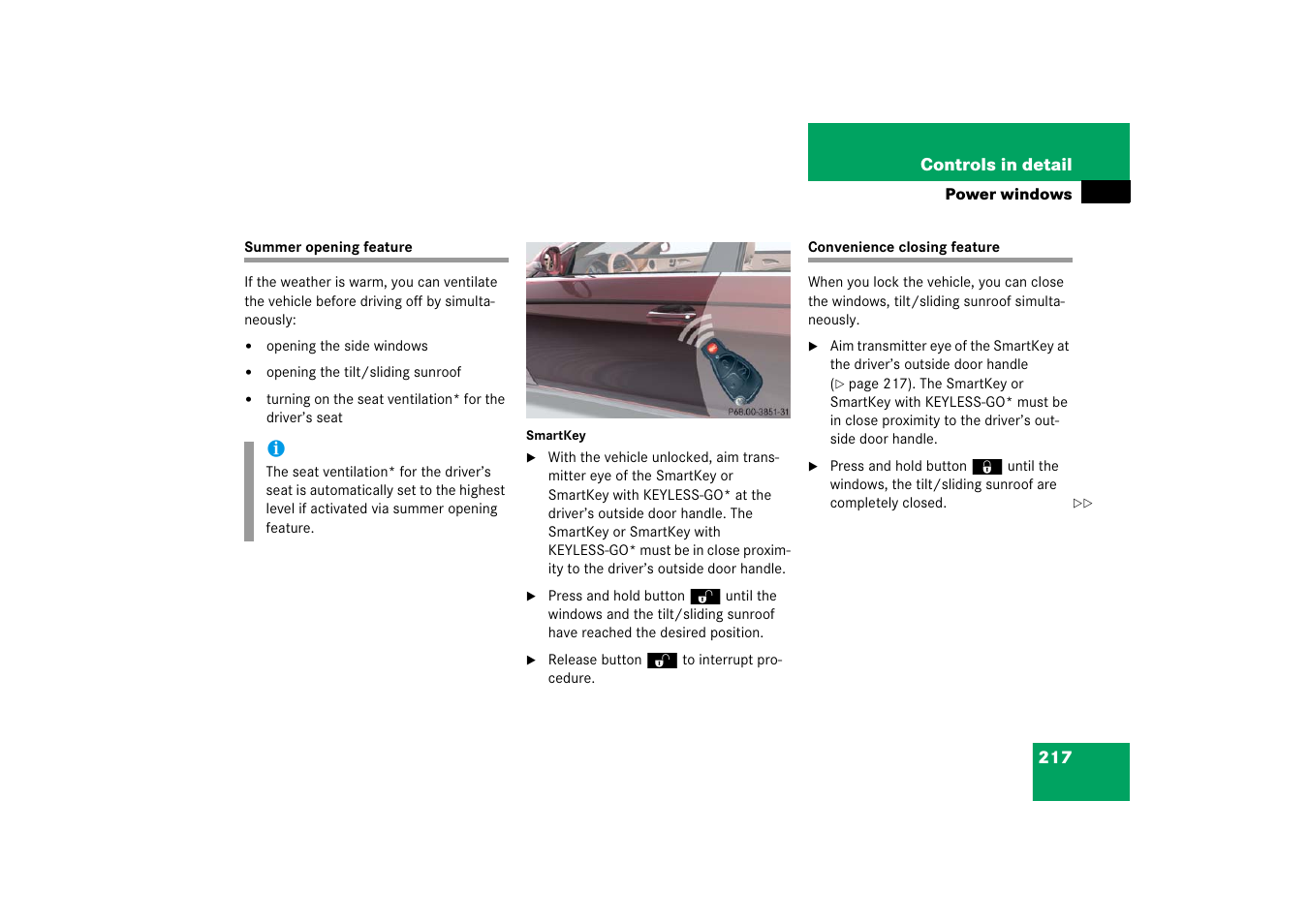 Summer opening feature, Convenience closing feature, Summer opening feature convenience closing feature | Feature, Ing off, see “summer opening feature, Artkey, see “sum- mer opening feature | Mercedes-Benz CLS-Class 2006 Owners Manual User Manual | Page 218 / 498