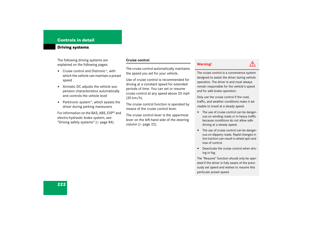 Driving systems, Cruise control | Mercedes-Benz CLS-Class 2006 Owners Manual User Manual | Page 223 / 498