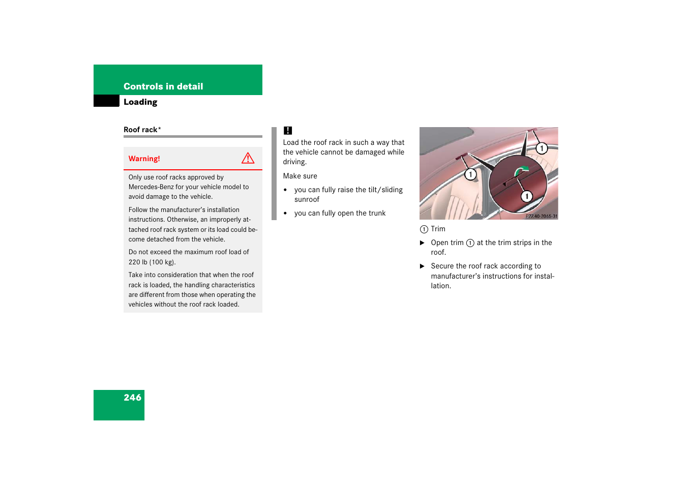 Loading, Roof rack | Mercedes-Benz CLS-Class 2006 Owners Manual User Manual | Page 247 / 498