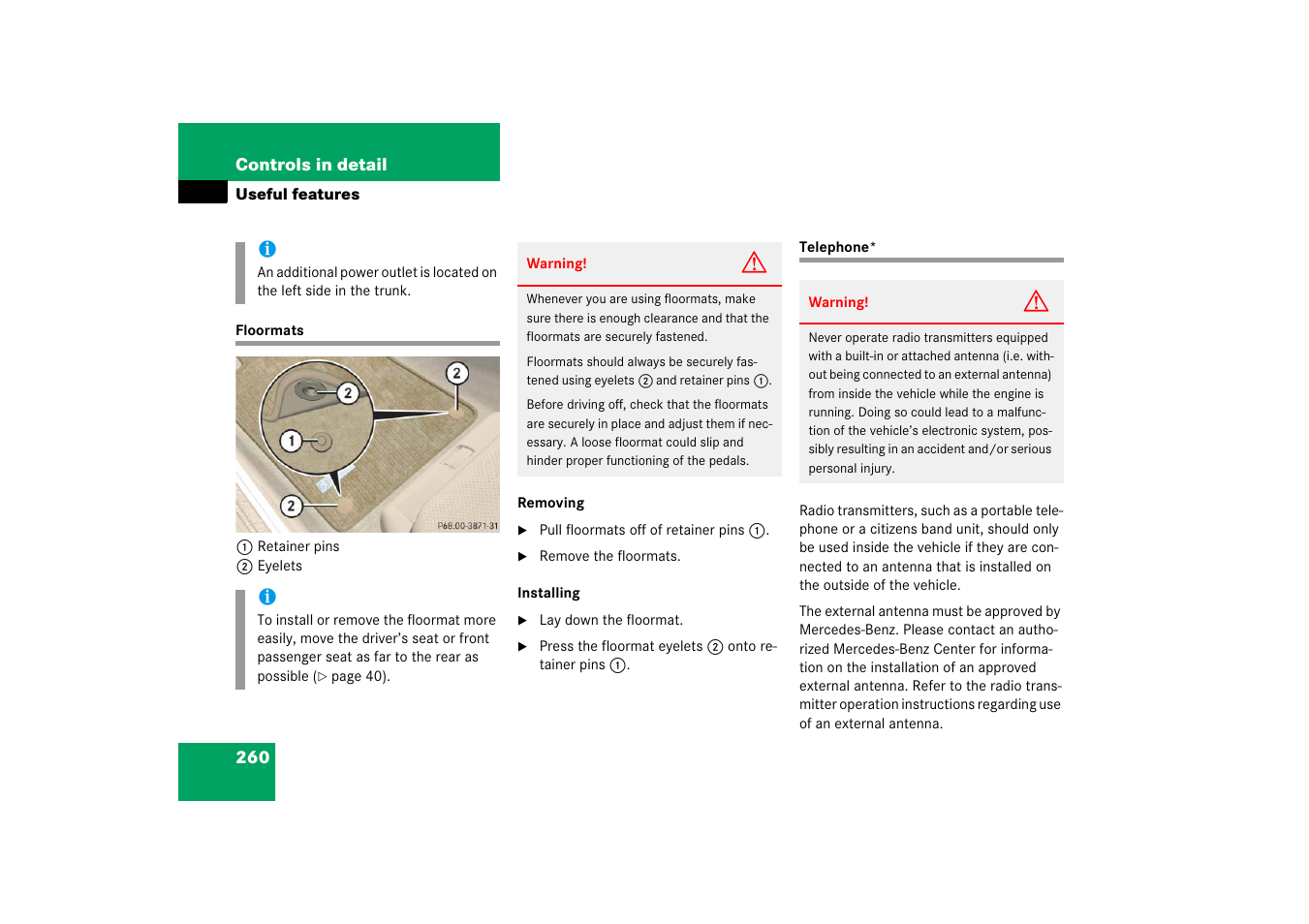 Floormats, Telephone, Floormats telephone | Mercedes-Benz CLS-Class 2006 Owners Manual User Manual | Page 261 / 498