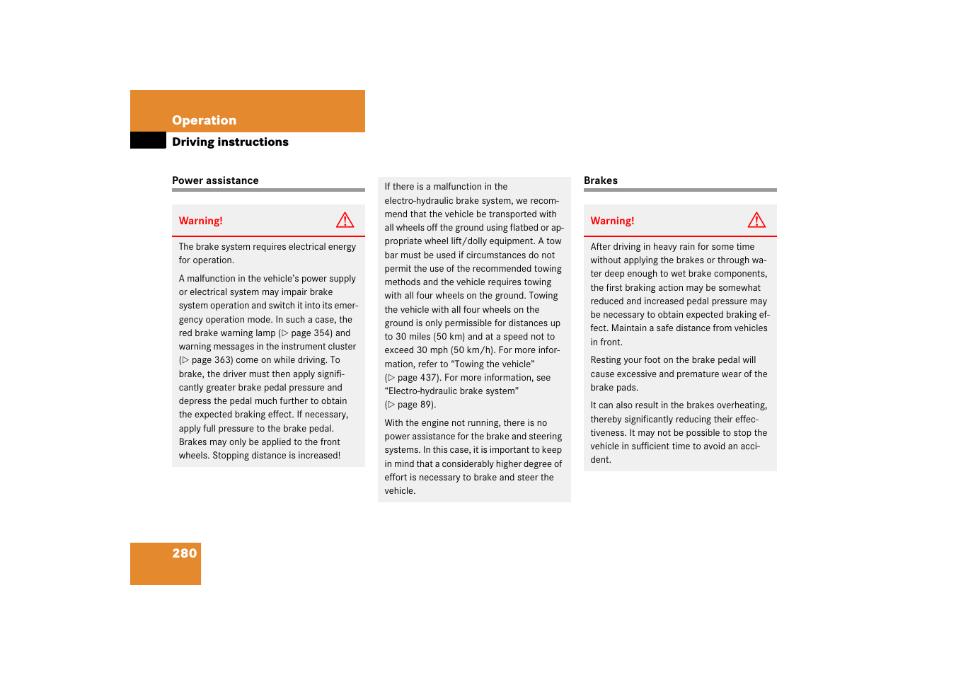 Power assistance, Brakes, Power assistance brakes | Mercedes-Benz CLS-Class 2006 Owners Manual User Manual | Page 281 / 498