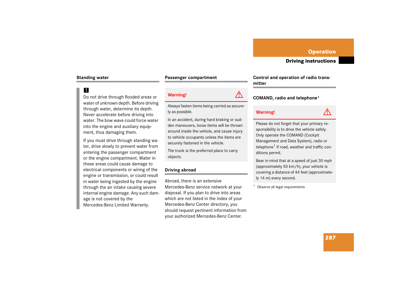 Standing water, driving through, Passenger compartment, Driving:abroad | Radio transmitters | Mercedes-Benz CLS-Class 2006 Owners Manual User Manual | Page 288 / 498