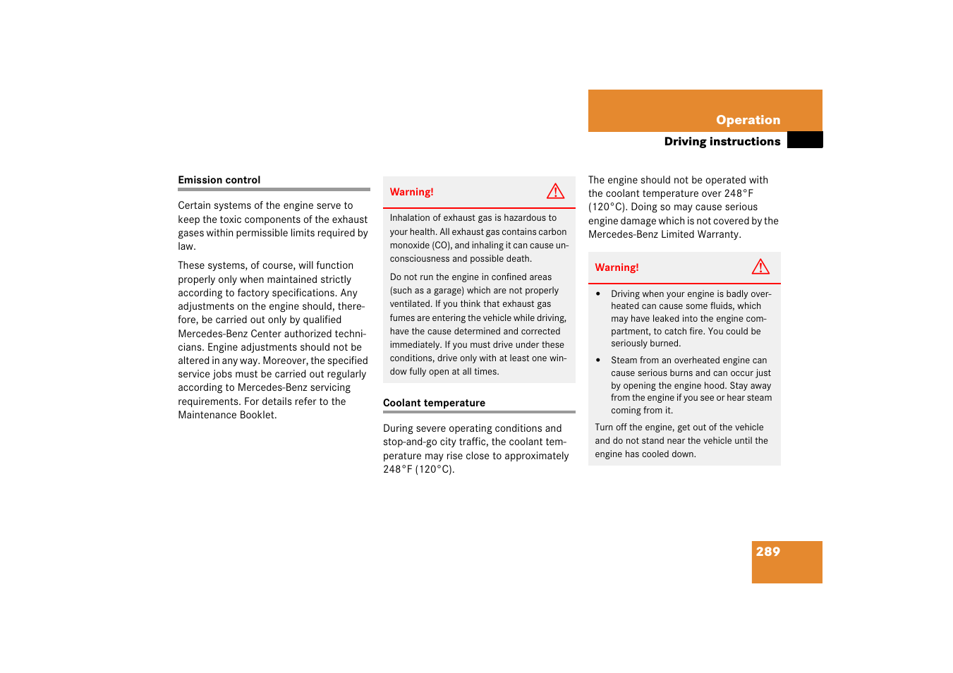 Emission control, Coolant:temperature, Emission control coolant temperature | Mercedes-Benz CLS-Class 2006 Owners Manual User Manual | Page 290 / 498