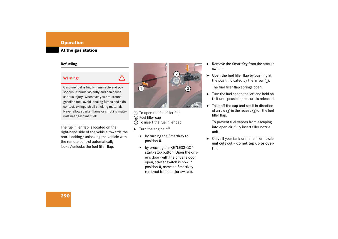 At the gas station, Refueling | Mercedes-Benz CLS-Class 2006 Owners Manual User Manual | Page 291 / 498