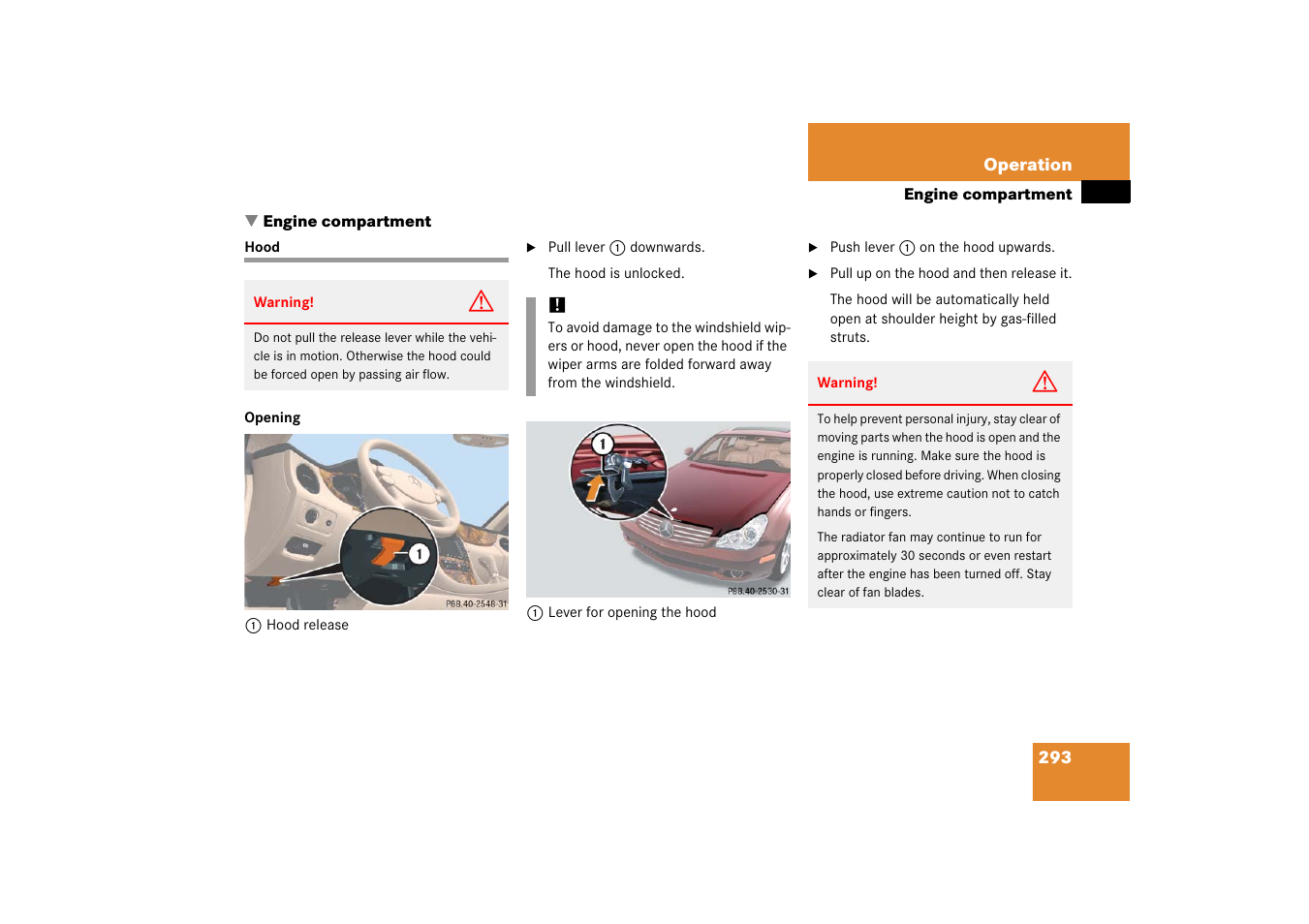 Engine:compartment, Hood, Engine compartment | Mercedes-Benz CLS-Class 2006 Owners Manual User Manual | Page 294 / 498