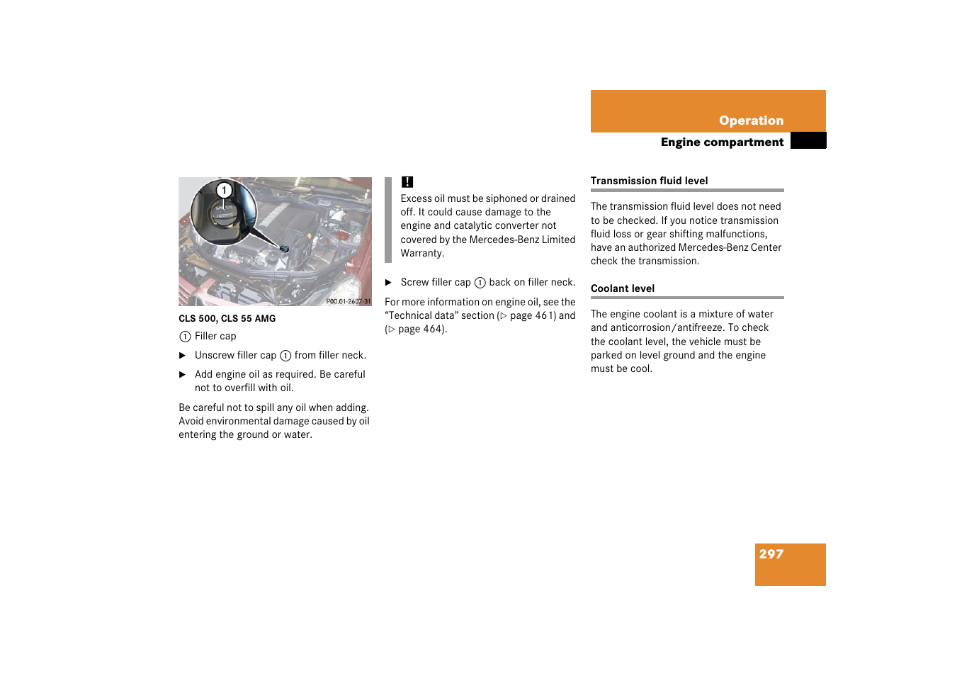 Transmission fluid level, Coolant:checking level, Transmission fluid level coolant level | Level, see “coolant level | Mercedes-Benz CLS-Class 2006 Owners Manual User Manual | Page 298 / 498