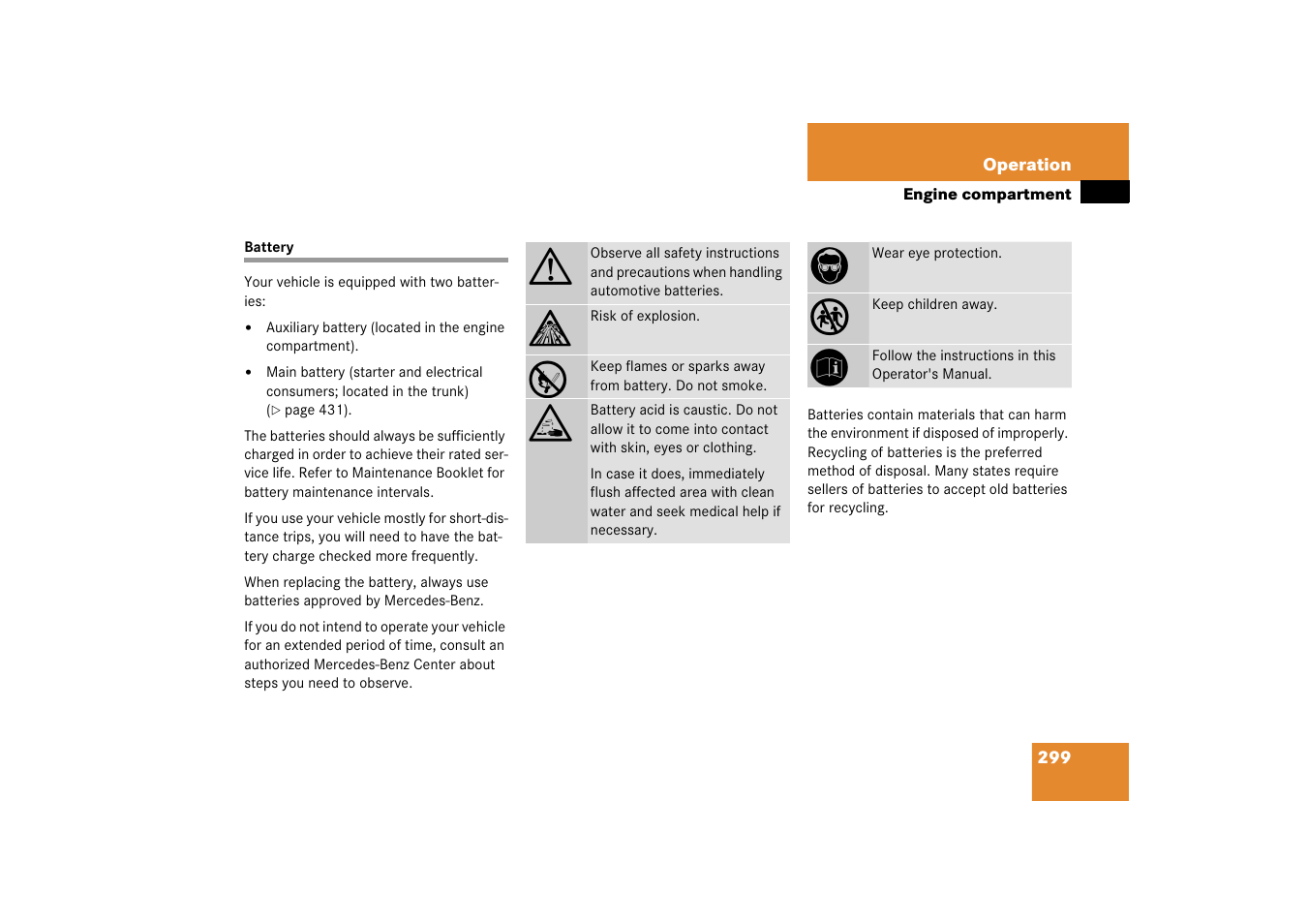 Battery | Mercedes-Benz CLS-Class 2006 Owners Manual User Manual | Page 300 / 498
