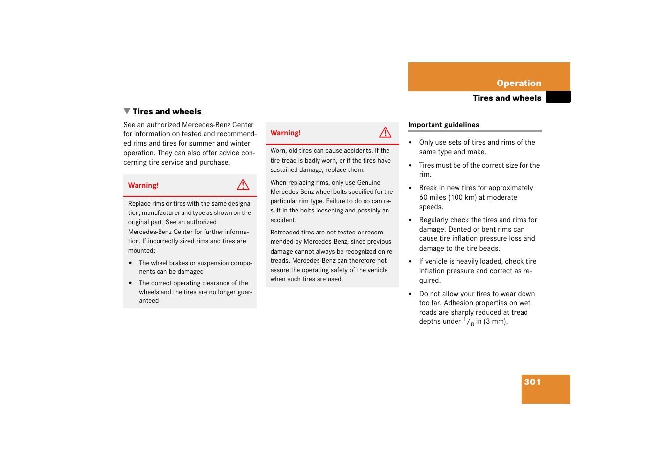 Tires:retreads, Important guidelines, Tires and wheels | Mercedes-Benz CLS-Class 2006 Owners Manual User Manual | Page 302 / 498