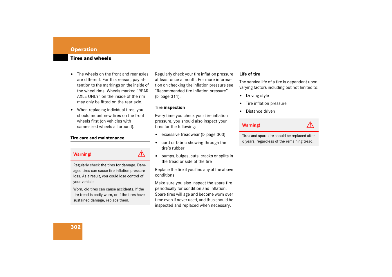 Tires:care and maintenance, Tire care and maintenance | Mercedes-Benz CLS-Class 2006 Owners Manual User Manual | Page 303 / 498