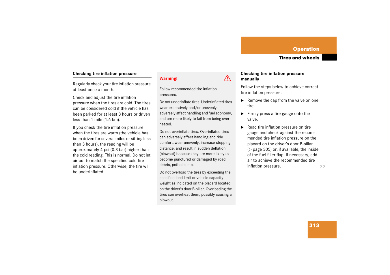 Tires:inflation pressure, Checking tire inflation pressure, See “checking tire inflation pressure | Mercedes-Benz CLS-Class 2006 Owners Manual User Manual | Page 314 / 498