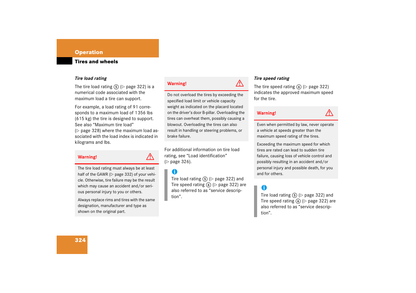See “tire speed rating | Mercedes-Benz CLS-Class 2006 Owners Manual User Manual | Page 325 / 498