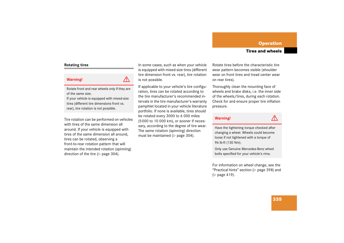 Rotating tires;tires:rotation, Rotating tires | Mercedes-Benz CLS-Class 2006 Owners Manual User Manual | Page 336 / 498