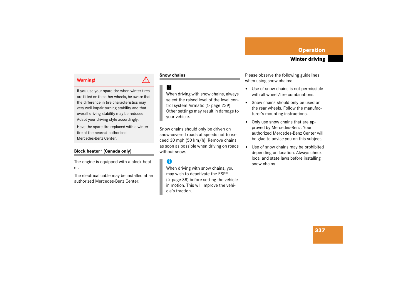 Block heater* (canada only), Snow chains, Block heater* (canada only) snow chains | Mercedes-Benz CLS-Class 2006 Owners Manual User Manual | Page 338 / 498