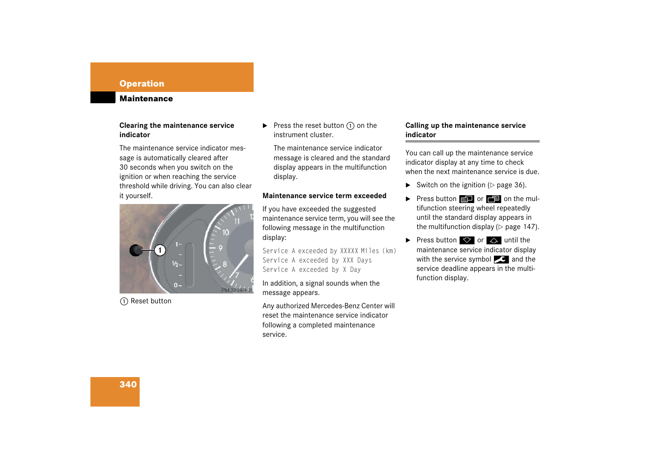 Maintenance:calling up the service indicator, Calling up the maintenance service indicator | Mercedes-Benz CLS-Class 2006 Owners Manual User Manual | Page 341 / 498