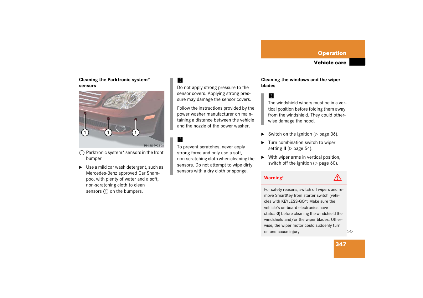 See “cleaning the parktronic system* sensors, Ice, see, Cleaning the parktronic system* sensors | The windshield | Mercedes-Benz CLS-Class 2006 Owners Manual User Manual | Page 348 / 498