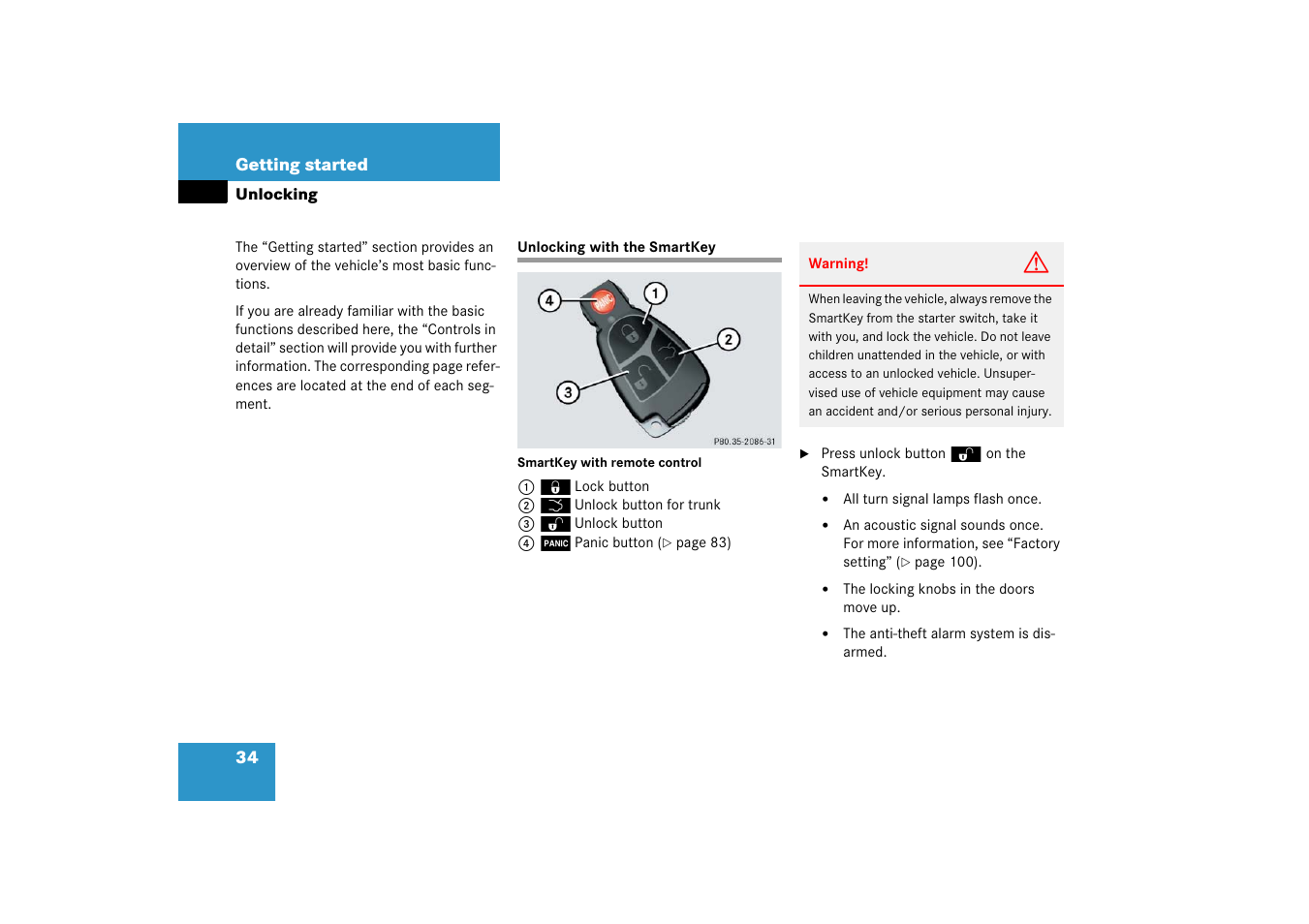 Unlocking, Smartkey:unlocking with, Unlocking with the smartkey | Mercedes-Benz CLS-Class 2006 Owners Manual User Manual | Page 35 / 498