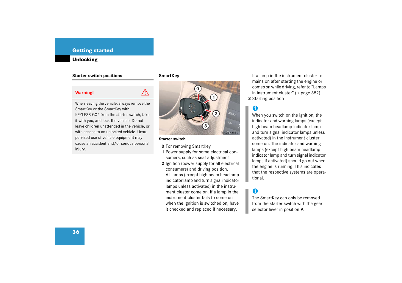 Starter switch:positions, Starter switch positions | Mercedes-Benz CLS-Class 2006 Owners Manual User Manual | Page 37 / 498