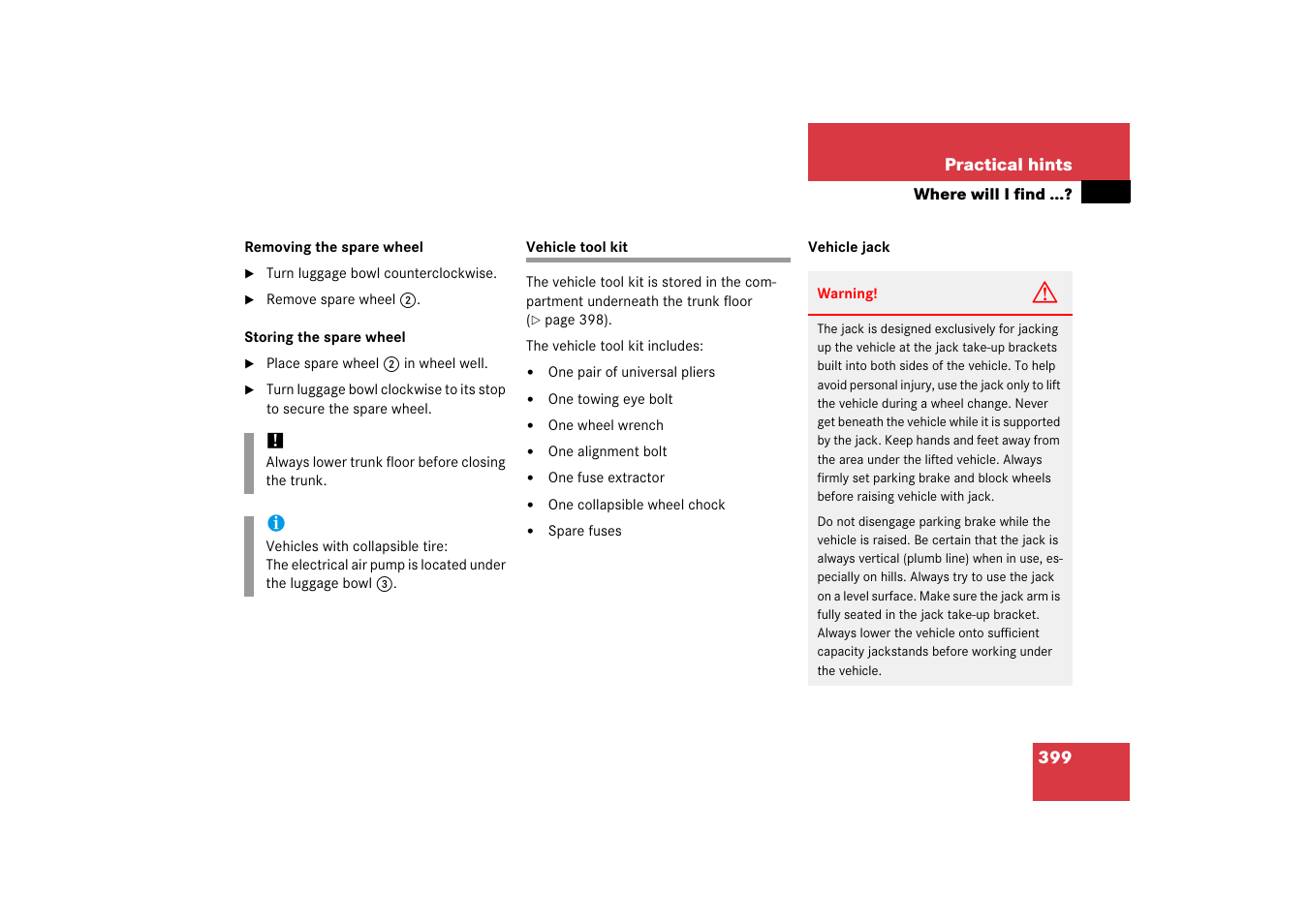Vehicle tool kit | Mercedes-Benz CLS-Class 2006 Owners Manual User Manual | Page 400 / 498