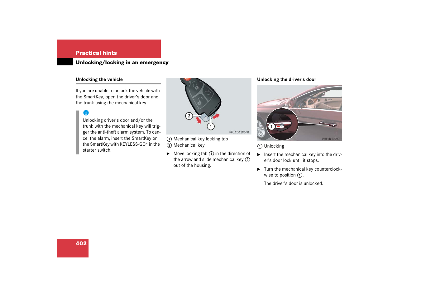 Unlocking in an emergency, Emergency operations:locking/unlocking the vehicle, Unlocking/locking in an emergency | Unlocking the vehicle, Door, Smartkey | Mercedes-Benz CLS-Class 2006 Owners Manual User Manual | Page 403 / 498