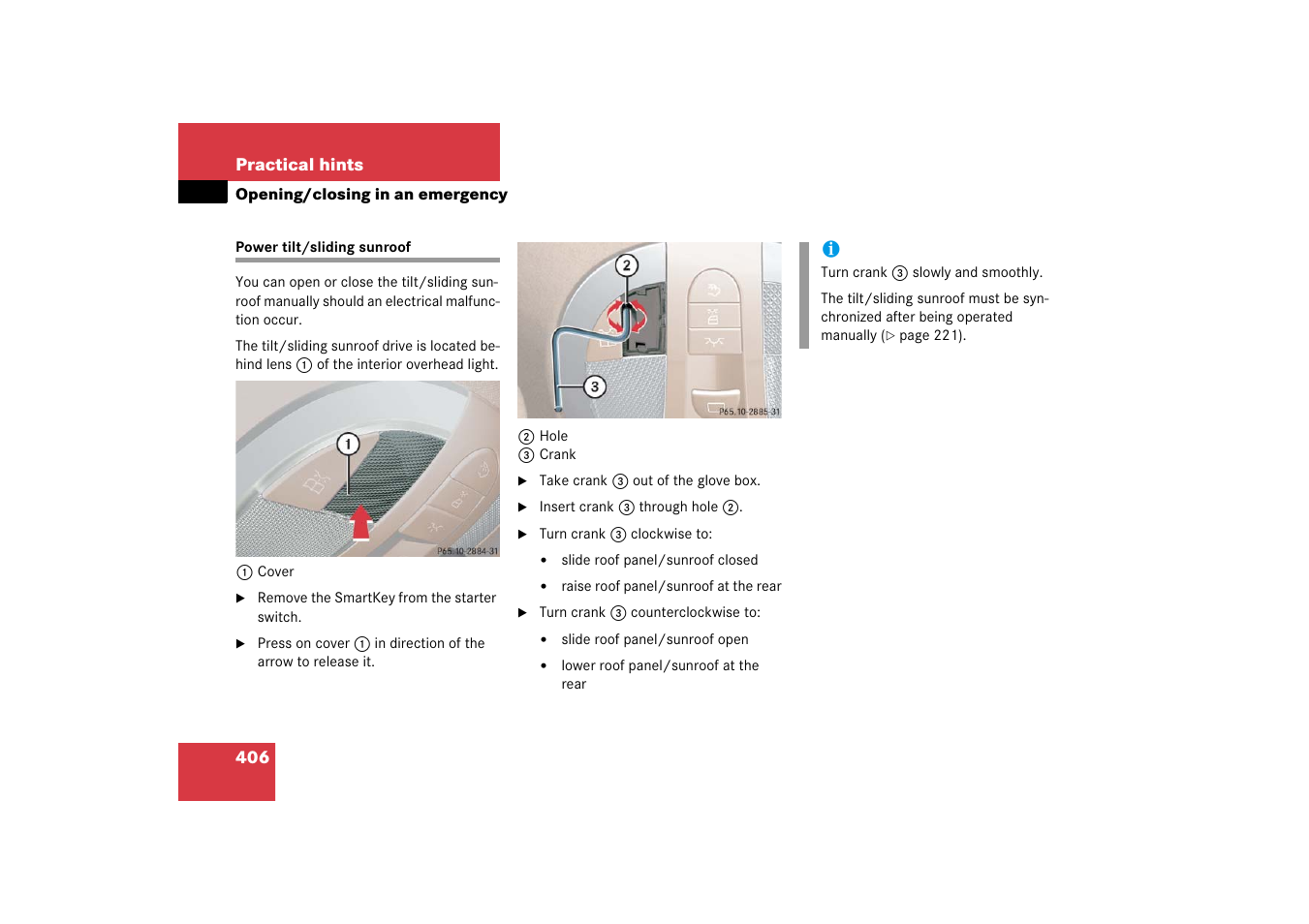 Emergency operations, Opening/closing in an emergency, Power tilt/sliding sunroof | Closed manually | Mercedes-Benz CLS-Class 2006 Owners Manual User Manual | Page 407 / 498