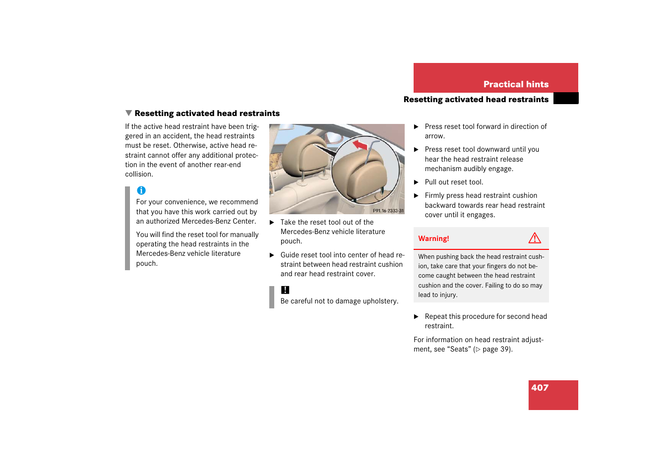 Head restraints:resetting activated, Resetting activated head restraints | Mercedes-Benz CLS-Class 2006 Owners Manual User Manual | Page 408 / 498