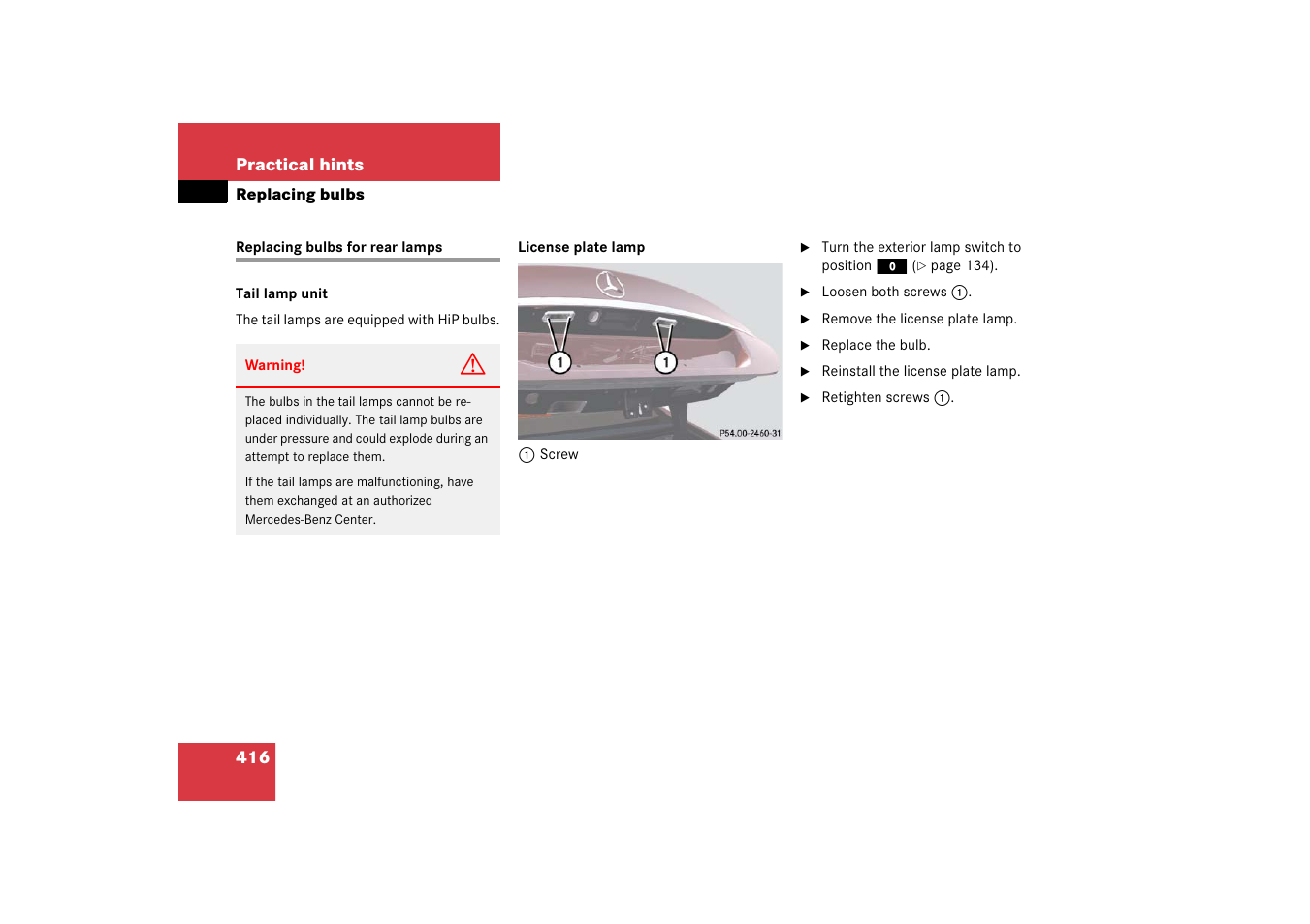 Lamps, exterior:replacing bulbs for rear, Replacing bulbs for rear lamps | Mercedes-Benz CLS-Class 2006 Owners Manual User Manual | Page 417 / 498