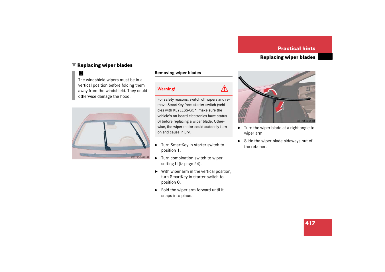 Windshield wipers:replacing wiper blades, Removing wiper blades, Replacing wiper blades | Mercedes-Benz CLS-Class 2006 Owners Manual User Manual | Page 418 / 498