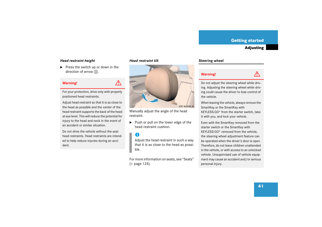 Height adjustment:steering wheel, Steering wheel | Mercedes-Benz CLS-Class 2006 Owners Manual User Manual | Page 42 / 498