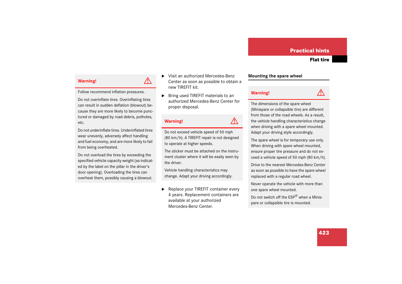 Flat tire:spare wheel, Mounting the spare wheel, Ary, change the wheel | Mercedes-Benz CLS-Class 2006 Owners Manual User Manual | Page 424 / 498