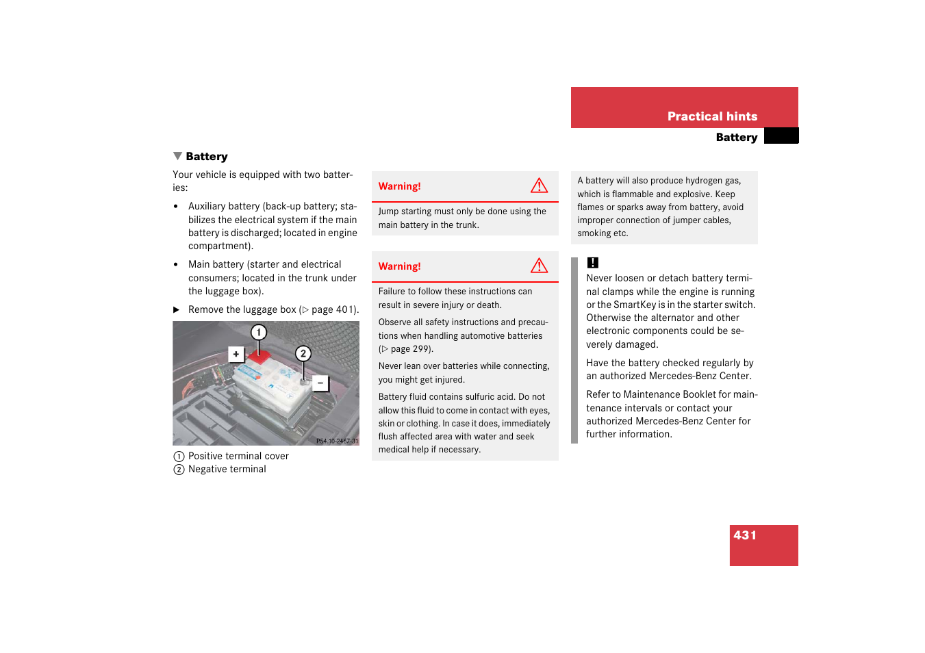 Battery, vehicle, Battery | Mercedes-Benz CLS-Class 2006 Owners Manual User Manual | Page 432 / 498