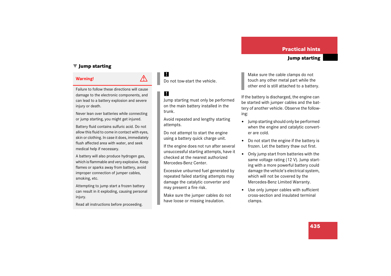 Jump starting, Start | Mercedes-Benz CLS-Class 2006 Owners Manual User Manual | Page 436 / 498