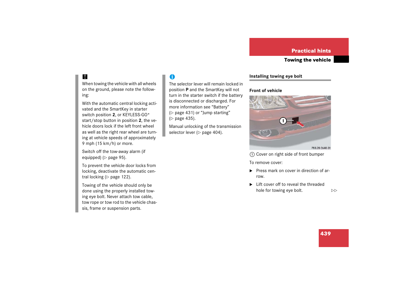 Towing eye bolt, Installing towing eye bolt | Mercedes-Benz CLS-Class 2006 Owners Manual User Manual | Page 440 / 498