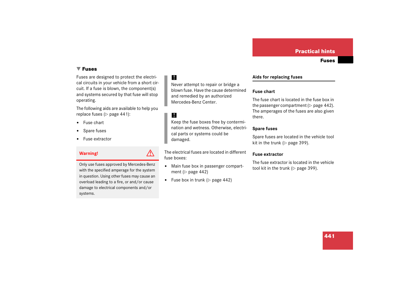 Fuses, Aids for replacing fuses | Mercedes-Benz CLS-Class 2006 Owners Manual User Manual | Page 442 / 498