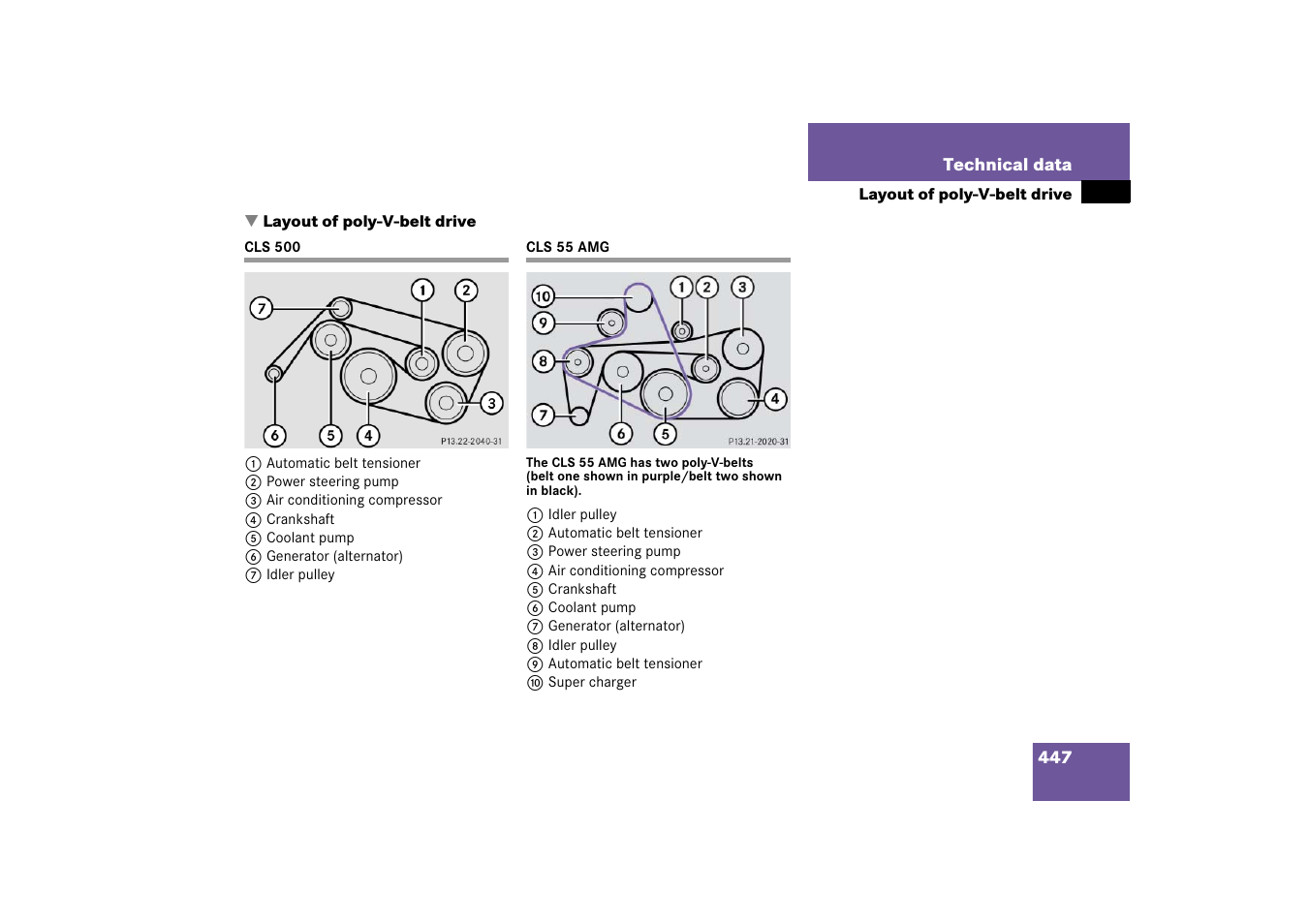 Layout of poly-v-belt drive, Cls500, Cls55amg | Cls 500 cls 55 amg | Mercedes-Benz CLS-Class 2006 Owners Manual User Manual | Page 448 / 498