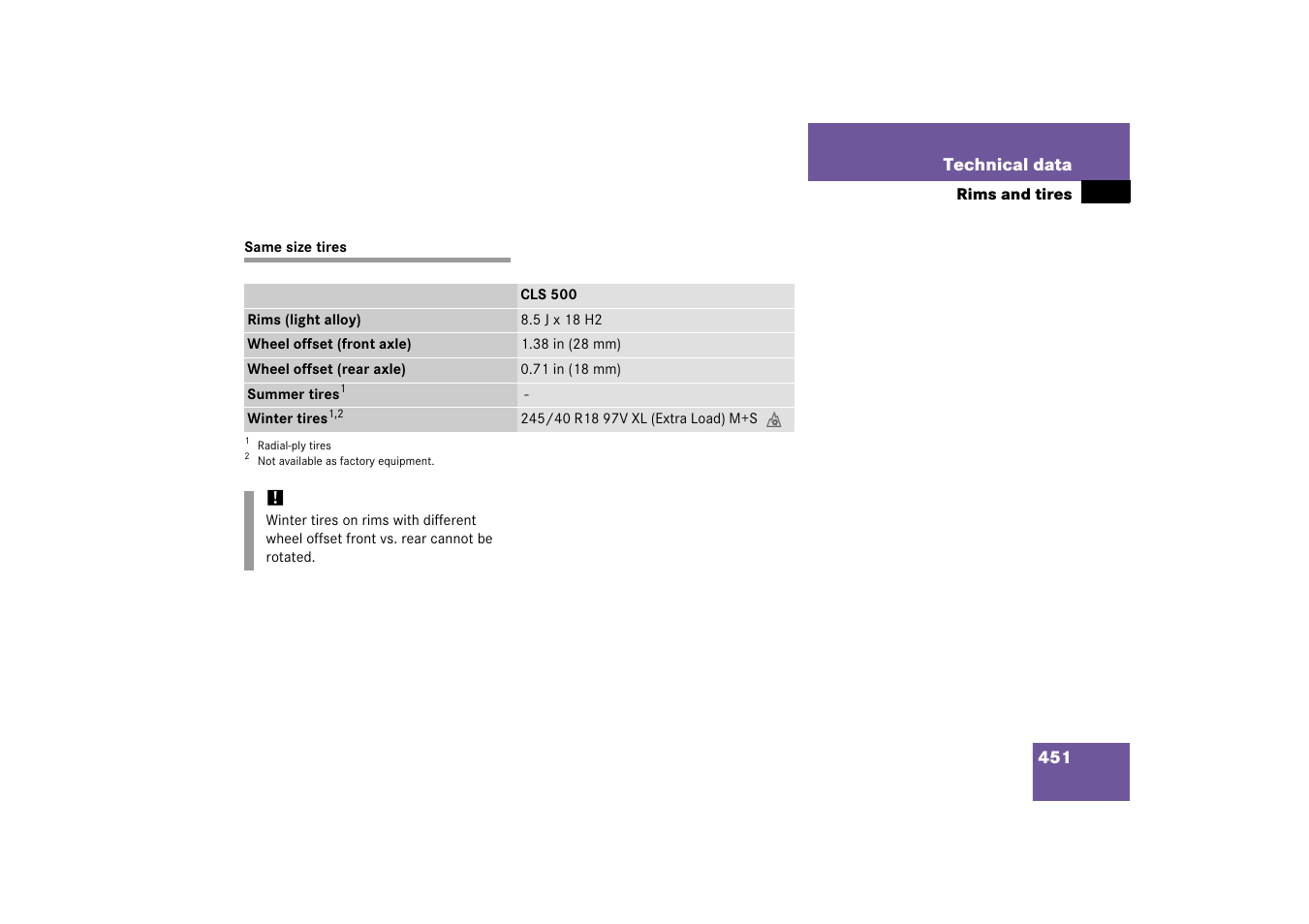 Same size tires | Mercedes-Benz CLS-Class 2006 Owners Manual User Manual | Page 452 / 498