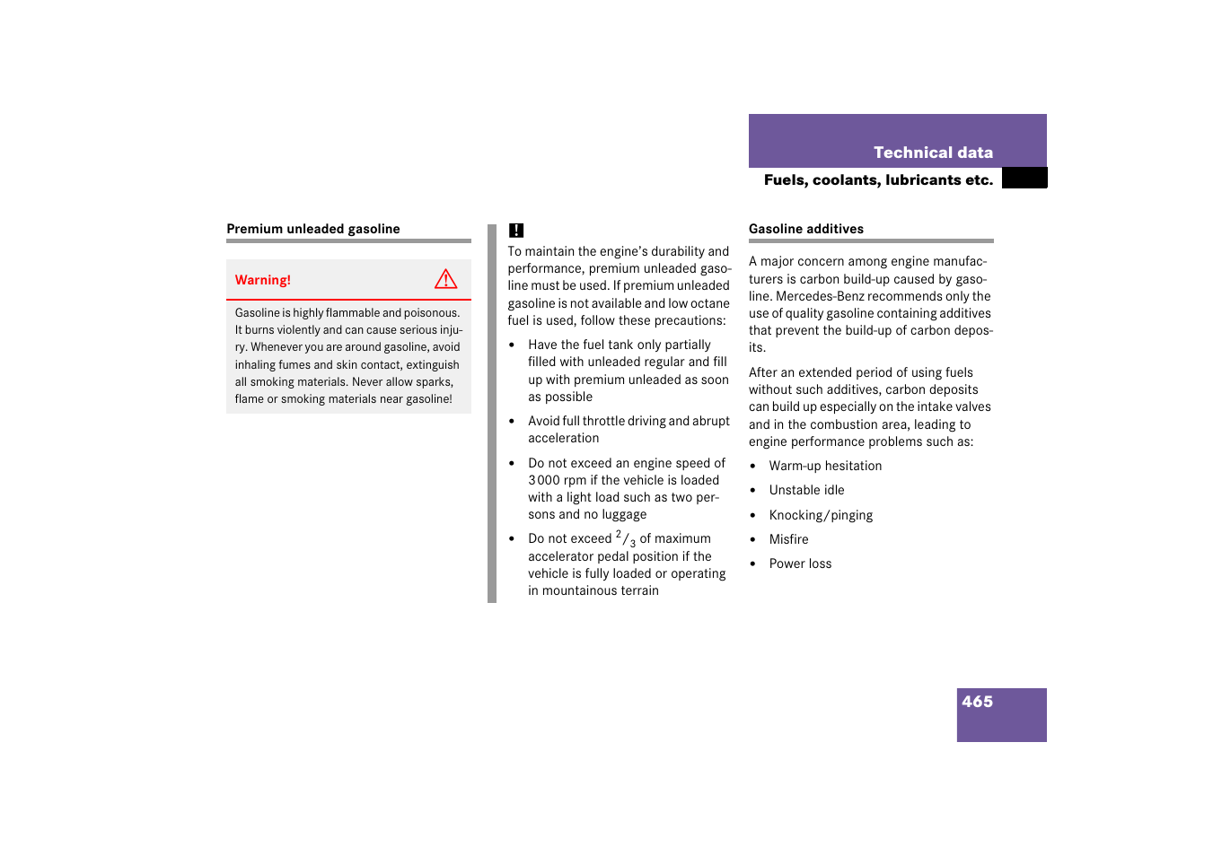 Unleaded gasoline, premium, Gasoline additives, Premium unleaded gasoline gasoline additives | Mercedes-Benz CLS-Class 2006 Owners Manual User Manual | Page 466 / 498