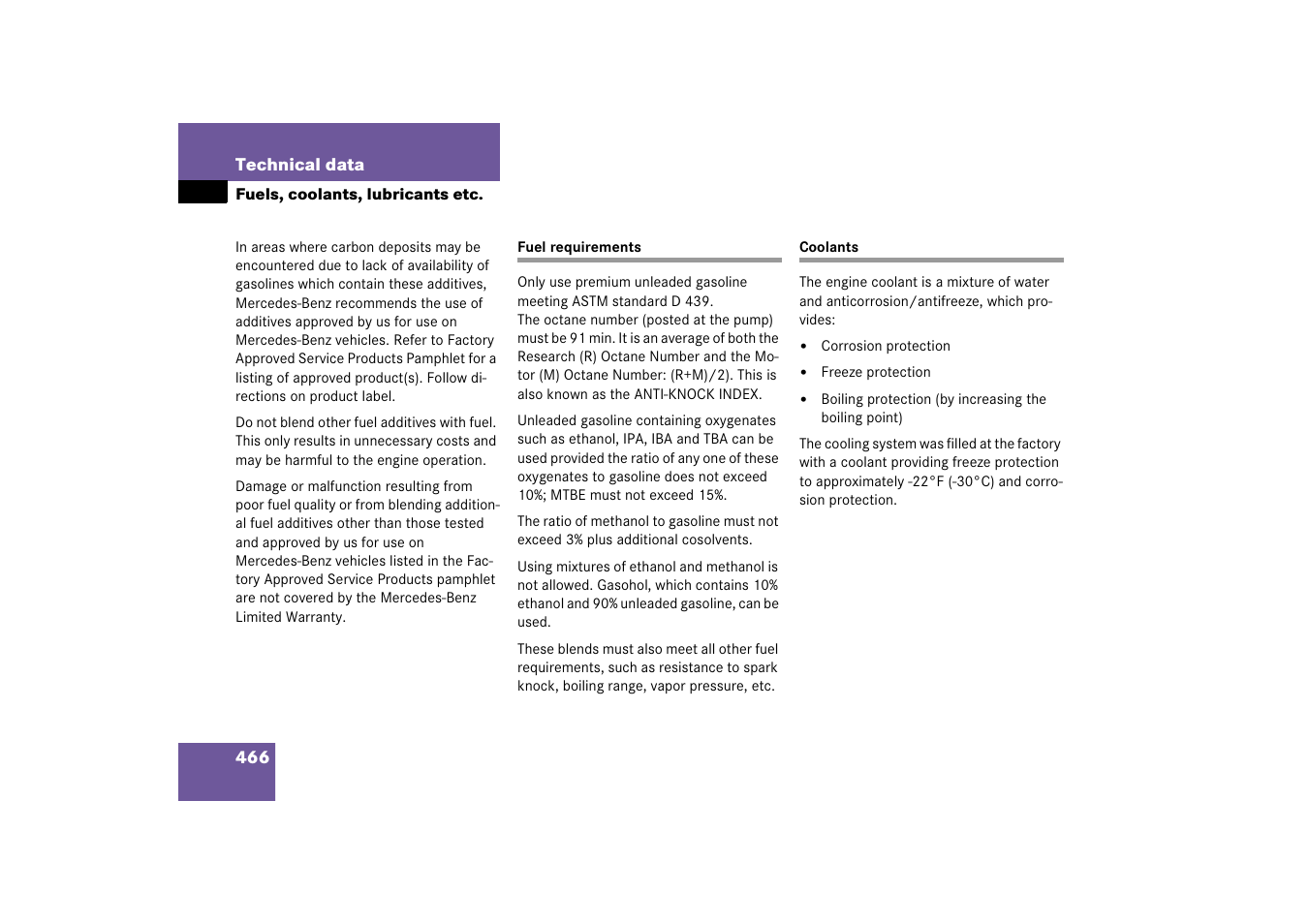 Fuel requirements, F. operation/engine compartment/coolants, Fuel requirements coolants | Mercedes-Benz CLS-Class 2006 Owners Manual User Manual | Page 467 / 498