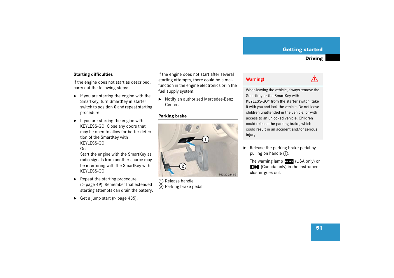 Parking brake | Mercedes-Benz CLS-Class 2006 Owners Manual User Manual | Page 52 / 498