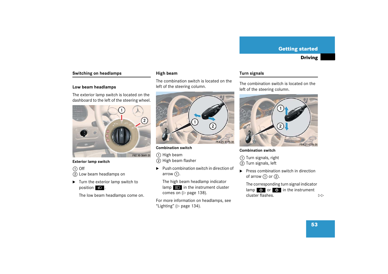 Combination switch, Switching on headlamps turn signals | Mercedes-Benz CLS-Class 2006 Owners Manual User Manual | Page 54 / 498