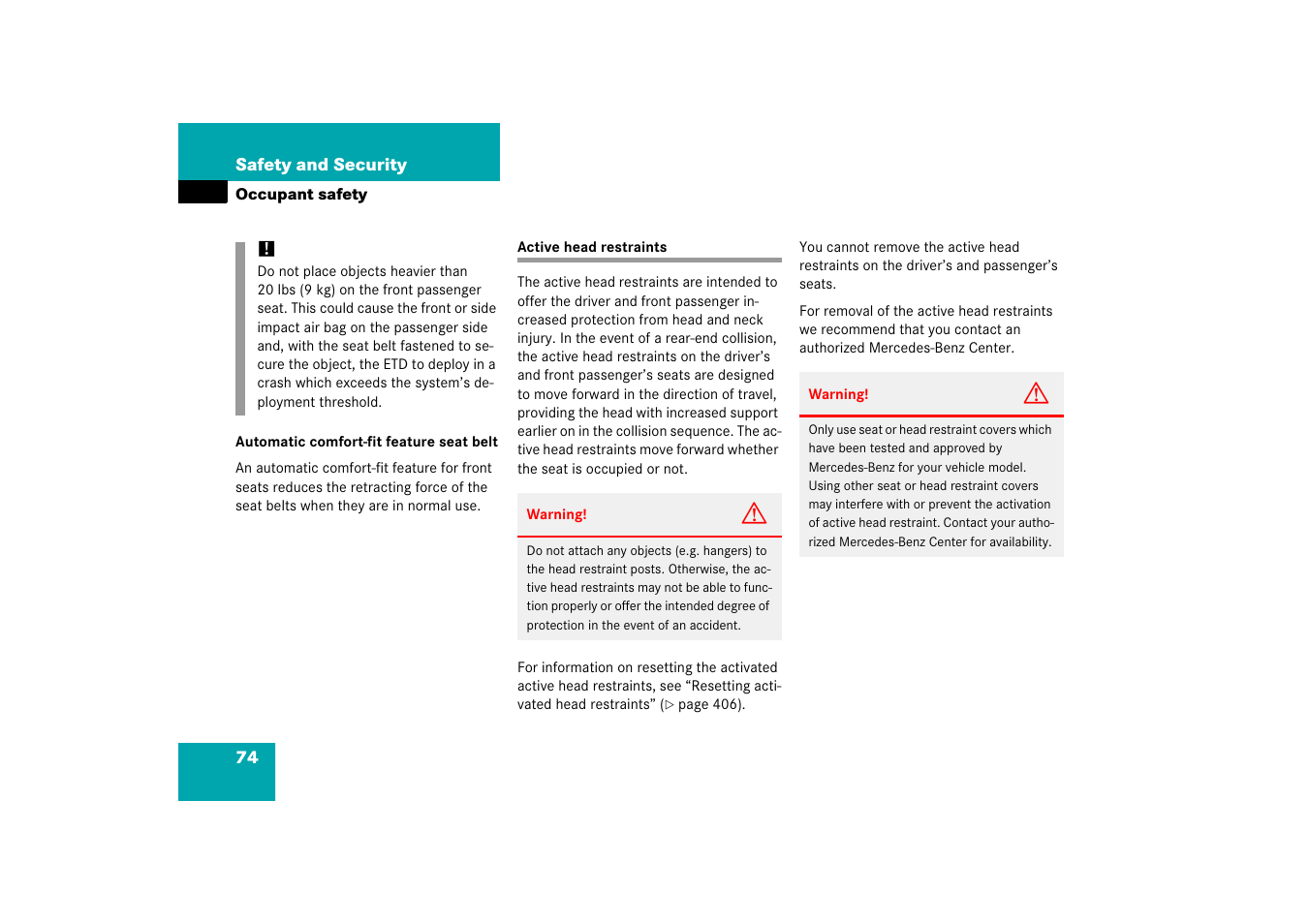 Active head restraint, Active head restraints | Mercedes-Benz CLS-Class 2006 Owners Manual User Manual | Page 75 / 498