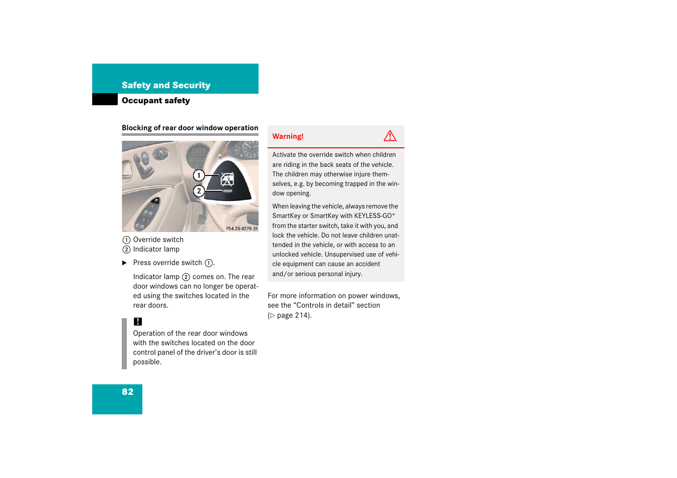 Rear door window:blocking operation, Blocking of rear door window operation | Mercedes-Benz CLS-Class 2006 Owners Manual User Manual | Page 83 / 498