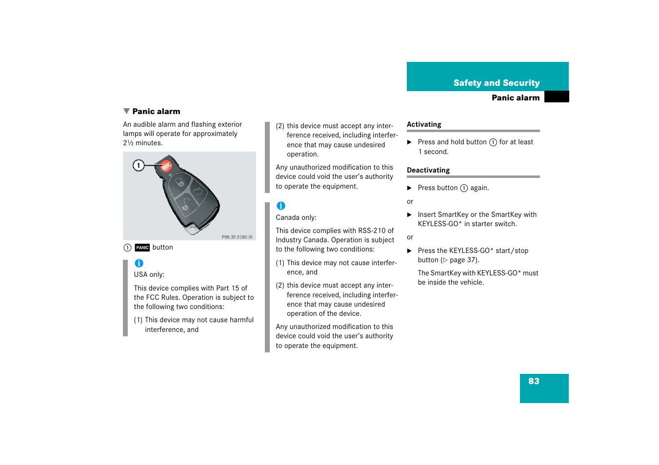 Panic alarm, Activating, Deactivating | Activating deactivating, Panic button | Mercedes-Benz CLS-Class 2006 Owners Manual User Manual | Page 84 / 498