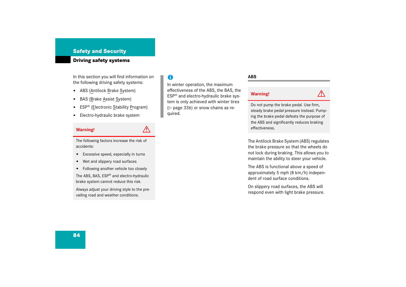 Driving:safety systems, Driving safety systems:abs, Driving safety systems | Mercedes-Benz CLS-Class 2006 Owners Manual User Manual | Page 85 / 498