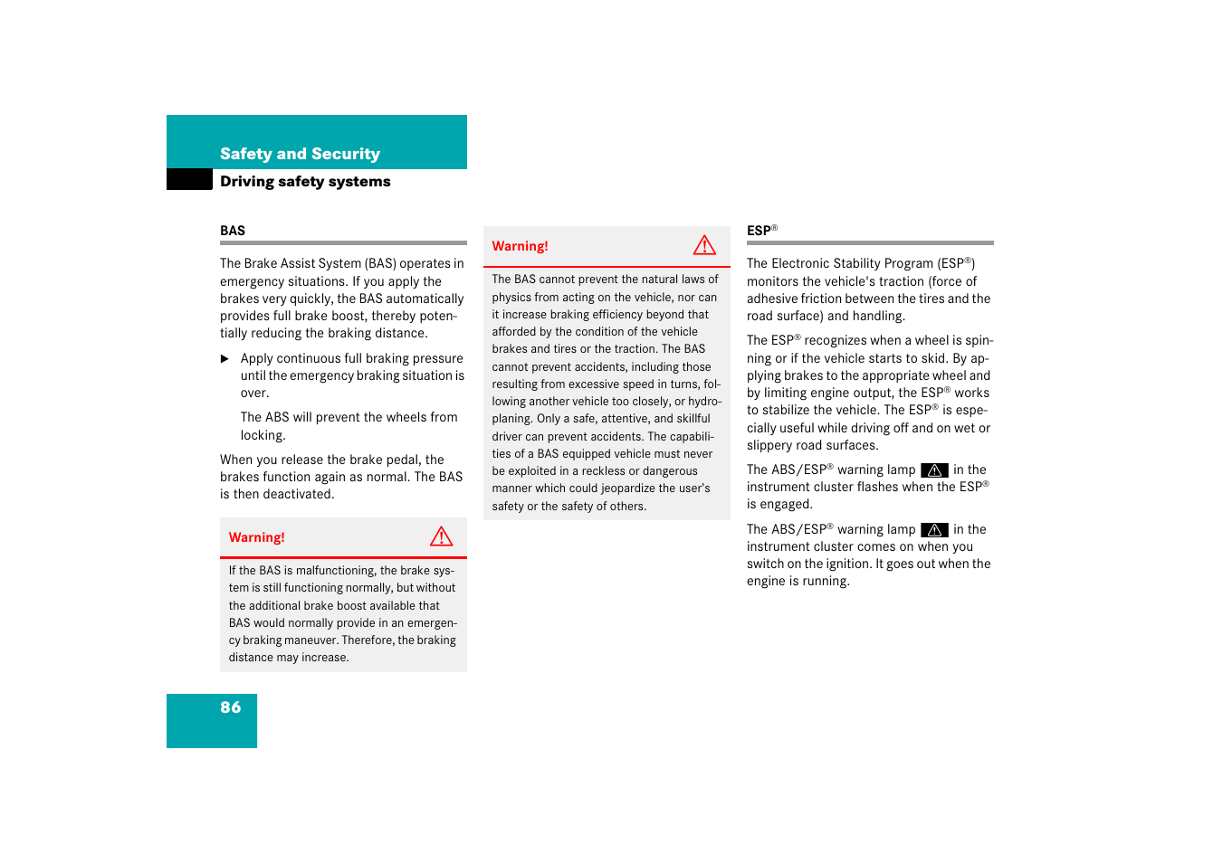 Driving safety systems:bas, Driving safety systems:esp, Bas esp | Mercedes-Benz CLS-Class 2006 Owners Manual User Manual | Page 87 / 498