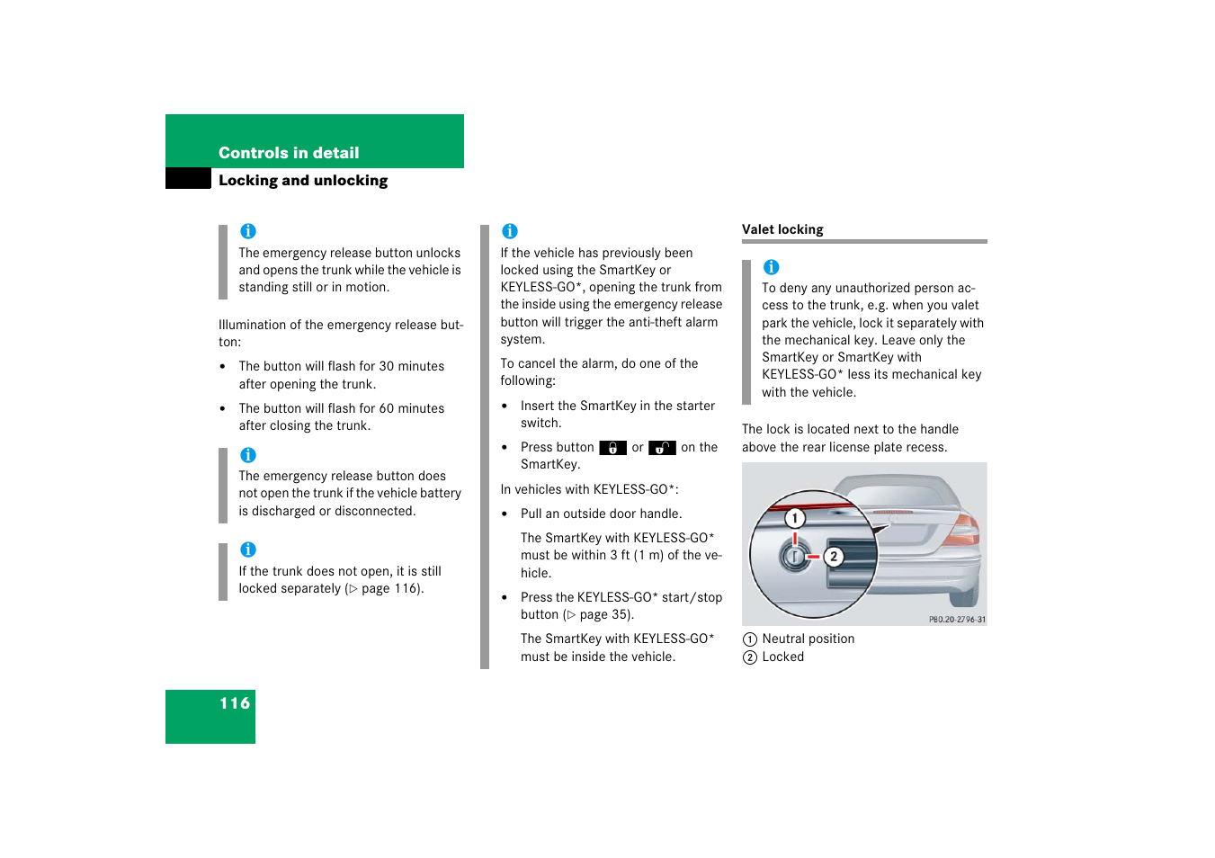 Trunk:valet locking, Valet locking, Cked separately | Locked separately | Mercedes-Benz CLK-Class 2006 Owners Manual User Manual | Page 117 / 514