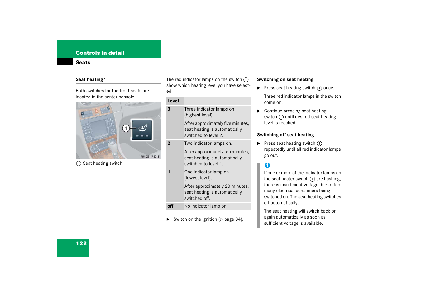 Seats, power:heating, Seat heating | Mercedes-Benz CLK-Class 2006 Owners Manual User Manual | Page 123 / 514